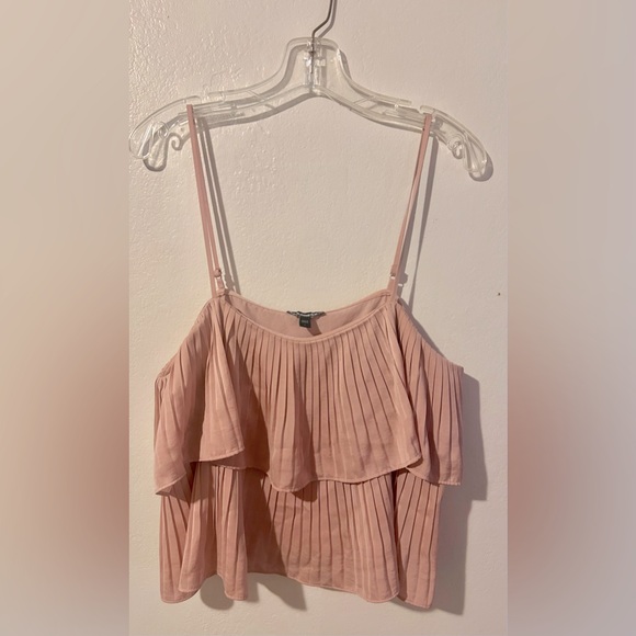 Express Blush Pink Spaghetti Strapped Tiered Pleated Satiny Babydoll Crop Top - Picture 1 of 4